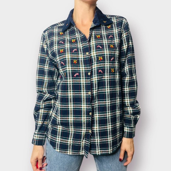 90s Bobbie Brooks Navy Plaid Holiday Button Up Top - Picture 2 of 6